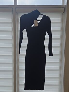 o.p.t. Long Sleeve Black Midi Dress with Asymmetrical Cutout